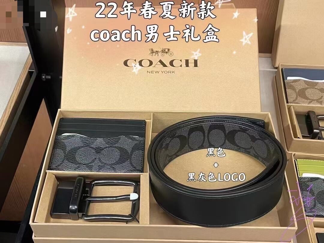 C8278/CQ082 Coach男士卡夹皮带礼盒黑灰logo 需订货